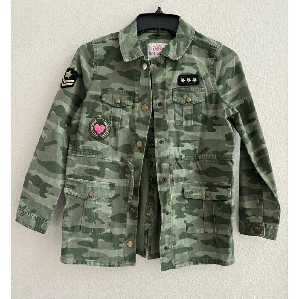 Justice Girls Camouflage Drawstring Waist Button Down Jacket Size 6/7